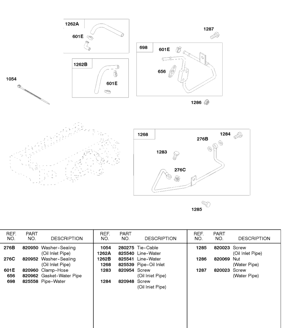Water Pipe, Water Lines Diagram and Parts List for 58A447-0234-XX  Briggs and Stratton Engine